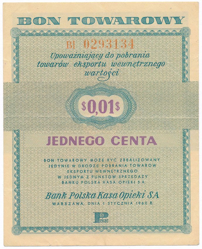 Polska. Bon towarowy 1 cent 1960 seria BL